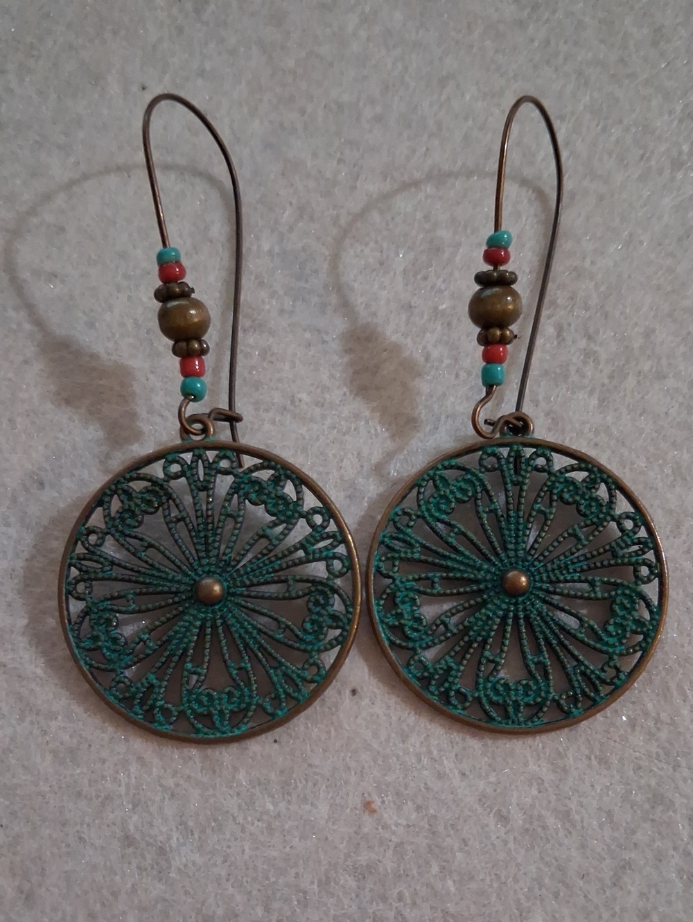 Boho Filigree Round Dangle Earrings in Patina Green